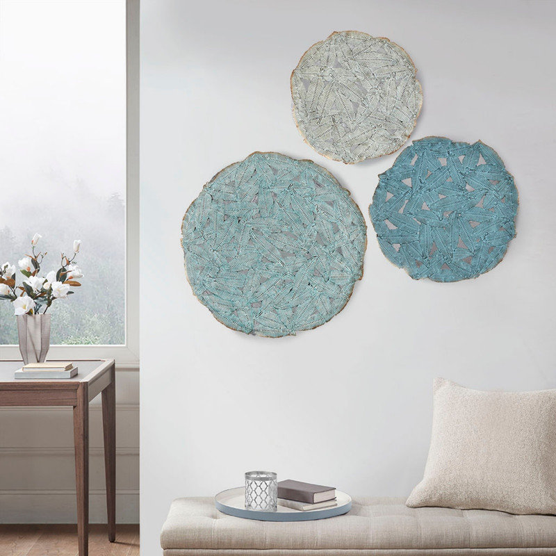 Textured Feather 3-piece Metal Disc Wall Decor Set- Home Accent Modern Kitchen Dining Decoration, Ready to Hang Panel for Bedroom, Multi-sizes