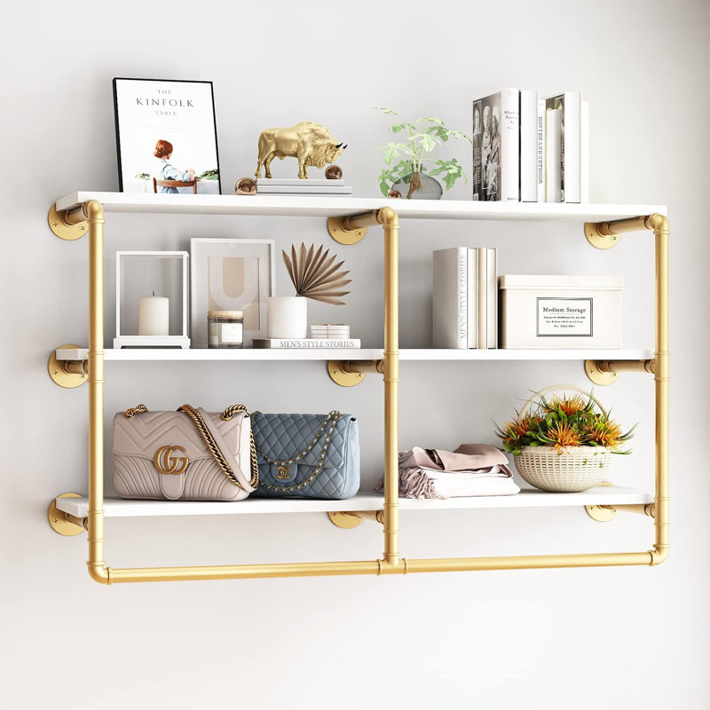 Industrial Rustic Floating Shelf Set - Wall Mounted Pipe Shelving With Heavy-Duty Metal Brackets For Home & Office Organization