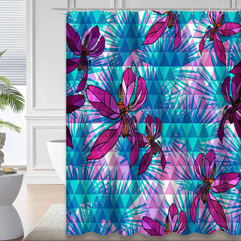 Rideau de douche à motif floral tropical avec 12 crochets, L 72 po x l 78 po