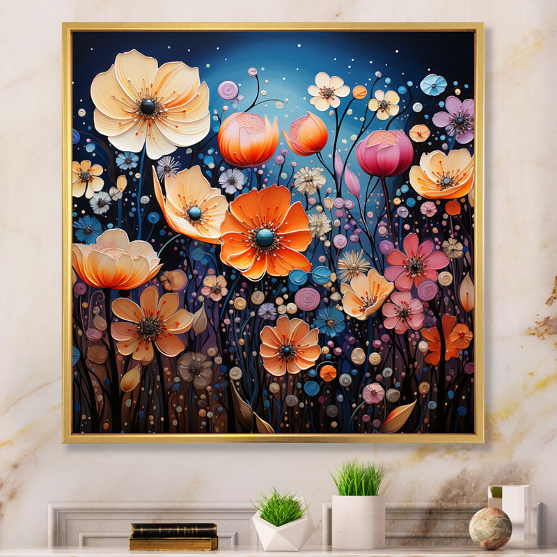 «Wildflowers Whimsical Blooms Pointillism I», reproduction d'art sur toile, Cadre flottant doré, H 30 po x l 30 po x P 1 po