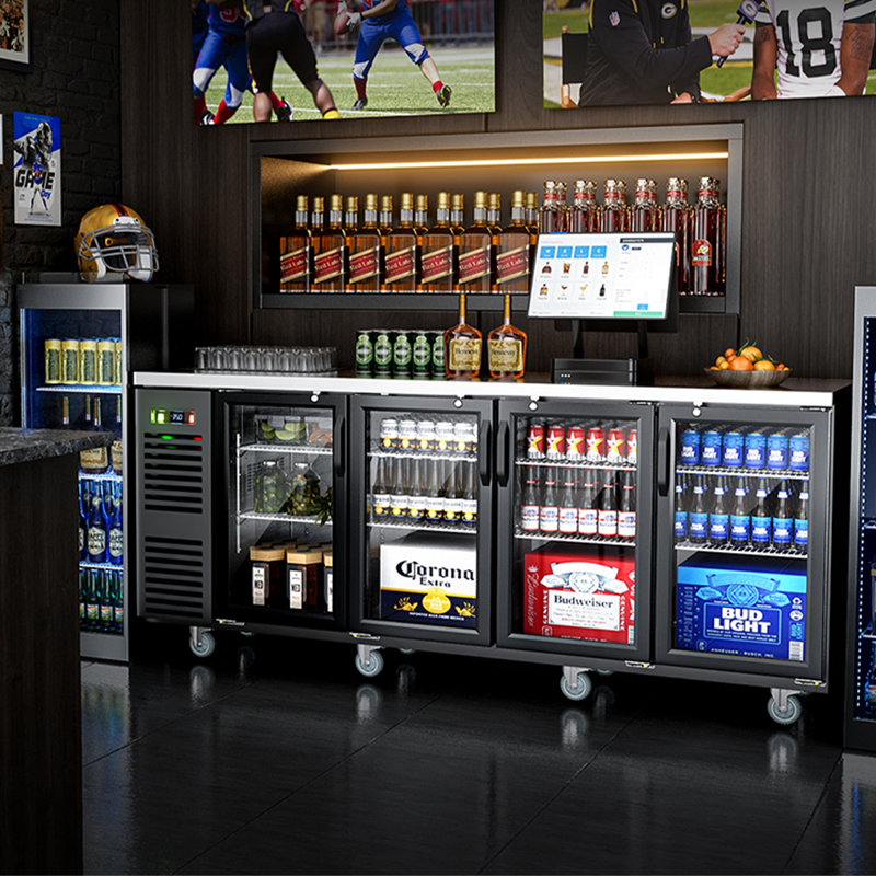 Glacière de bar commerciale à l'arrière 92 po avec 4 portes en verre Coolake, 33-41 ℉, 28,5 pieds cubes Réfrigérateur à barre arrière en acier inoxydable avec éclairage à DEL, réfrigérateur à boissons à l'arrière pour bar, cuisine, bureau, véhicule récréatif