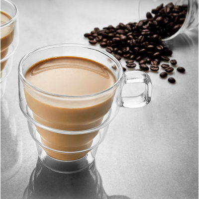 Pila Double Wall Tiered Glass Coffee, Tea Cups with Handle