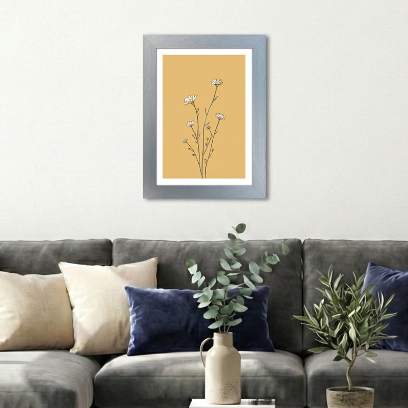 Wildflower Stems Minimal Giclee Art Print Wall Art - Scandinavian Nordic Home Decor, Cream Blooms on Mustard Field, Elegant Botanical Trio 1 Piece Wall Art