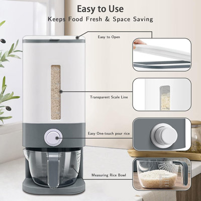 Grey Rice Storage Dispenser Holds 22‑25 Lbs, BPA‑Free Dry‑Grain Container with Measuring Cup for Pantry Organization
