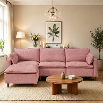 Canapé modulaire en L 108,5 po avec repose-pieds mobile, canapé rembourré en tissu de chenille confortable, canapé en nuage pour salon, appartement, rose