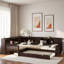 Lit plateforme en L avec lit gigogne, tiroirs de rangement et tablettes-346891743