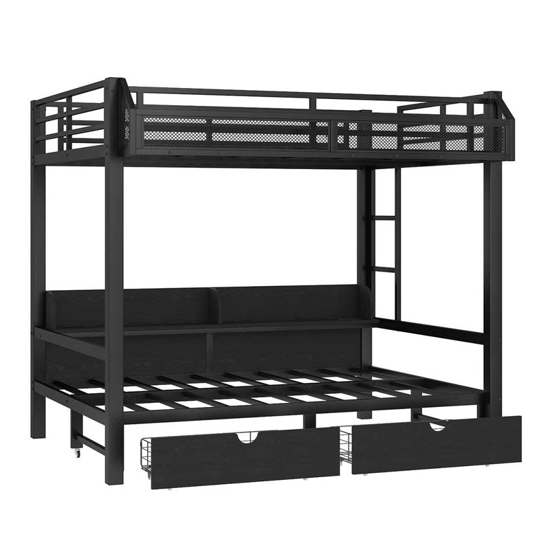 Lits superposés multifonctionnels avec ports USB et lumières DEL, lit superposé en métal avec rangement, Noir