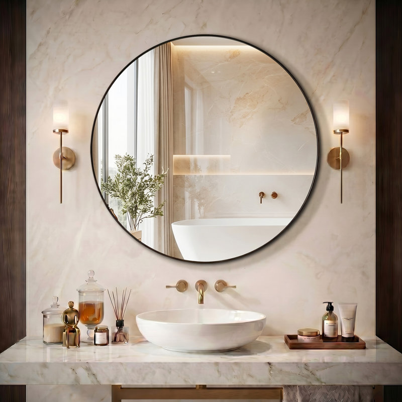 Miroir mural rond en aluminium, miroir circulaire moderne pour meuble-lavabo, entrée, salon, 29.92" x 29.92", Noir