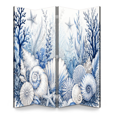 4 Panels Folding Screen Room Divider Royal Blue Underwater Nautical Seashells Coral Canvas Screen Room Separator Freestanding Protective Wall Divider Privacy Partition for Bathroom