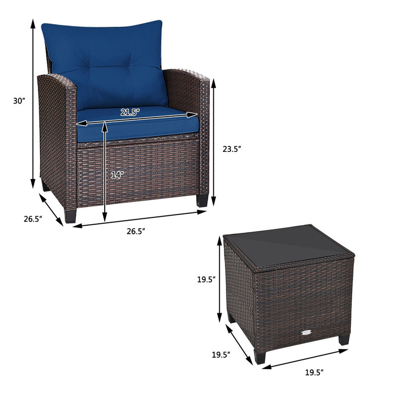 Ensemble de conversation en rotin de trois articles avec coussins, Marine