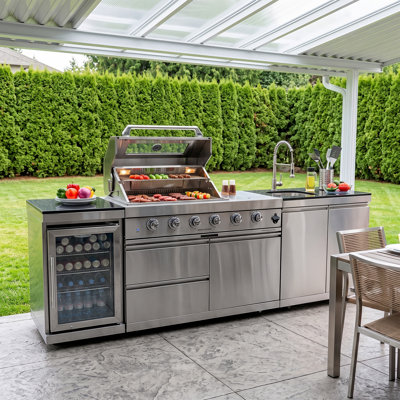 Îlot de cuisine 98 pouces en acier inoxydable 304 modulaire 72 000 BTU au propane avec réfrigérateur et comptoir en granite
Dovelina