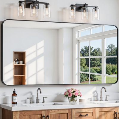 Miroir de salle de bain rectangulaire arrondi de 1,18 po avec cadre en alliage d'aluminium et verre trempé de qualité supérieure Lunara