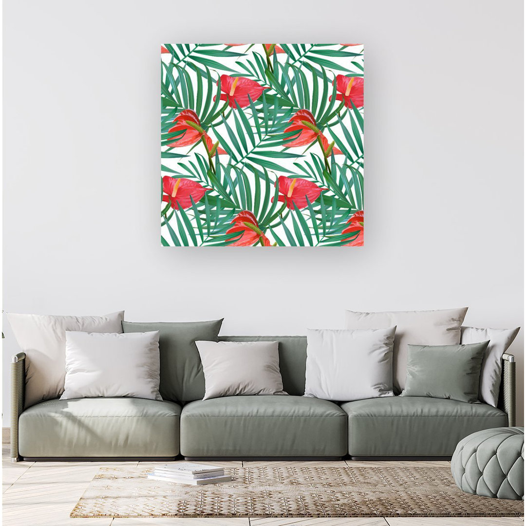 Tropical Flowers And Palm Leaves - Wrapped Canvas Print