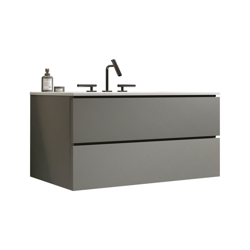 Ensemble de meuble-lavabo mural 36 po - Système de tiroir silencieux en céramique gris espace blanc + gris Grande capacité avec tiroirs