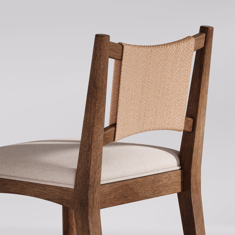 Tabouret de bar bohème avec dossier en jonc de mer et structure en bois brun moyen, ensemble de 2, Flax/Medium Brown, 2