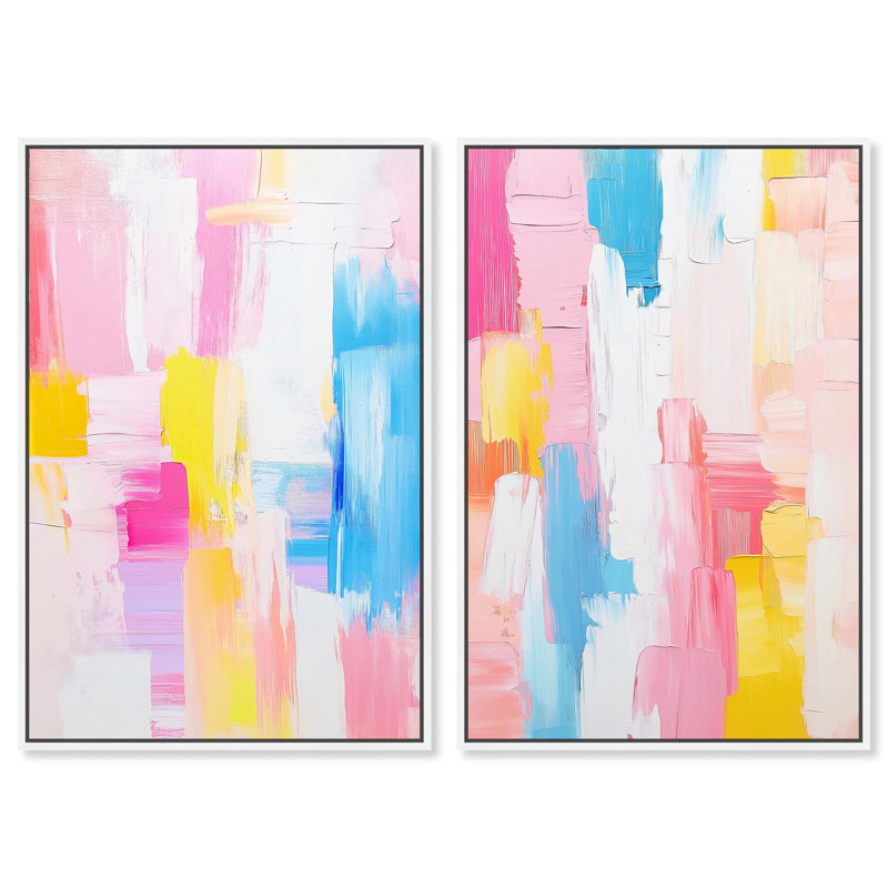 Joyful Abstracts Set, ensemble de 2 toiles Art Maximaliste, H 36 po x l 24 po, Cadre flottant blanc