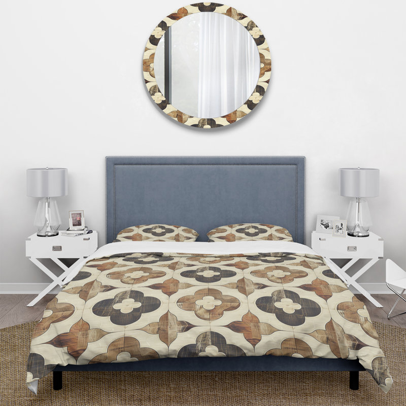 Ensemble de housse de couette brun à motif quadrilobe I - Midcentury, Housse de couette très grand + 2 taies décorativ