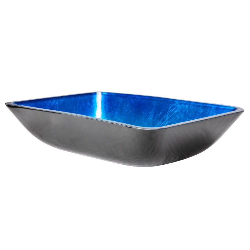 Lavabo de salle de bain rectangulaire en verre bleu peint à la main