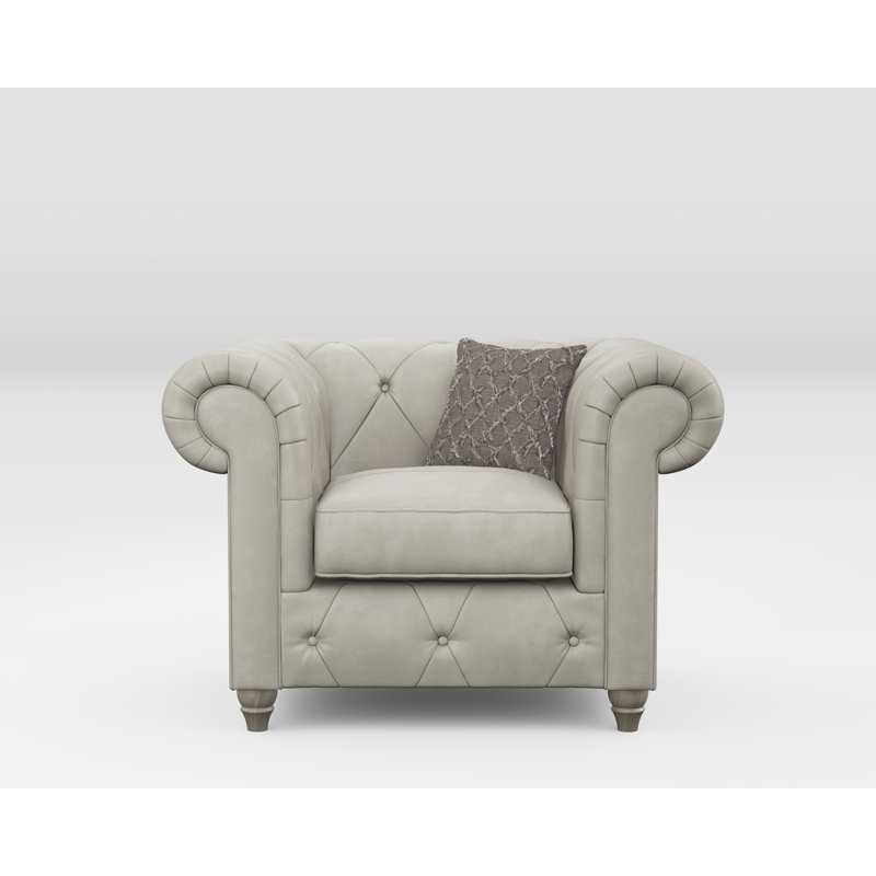 Melrose 115Cm Wide Tufted Genuine Leather Armchair, Washed Oak, Cloud Grey