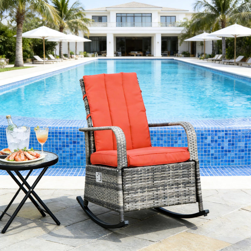 Chaise berçante inclinable rouge pour l'extérieur, réglable et repose-pieds, housses amovibles, structure en acier robuste