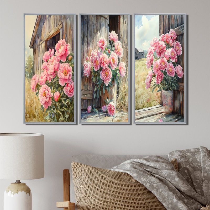 Pivoines dans la brise de basse-cour I - Collection d'art mural traditionnel, H 32 po x l 48 po, Argent argent