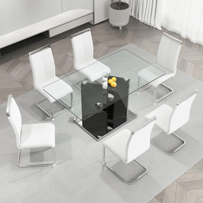 Ensemble de table de salle à manger 63 ", ensemble de table de salle à manger en verre avec pieds à structure ouverte et chaises en similicuir