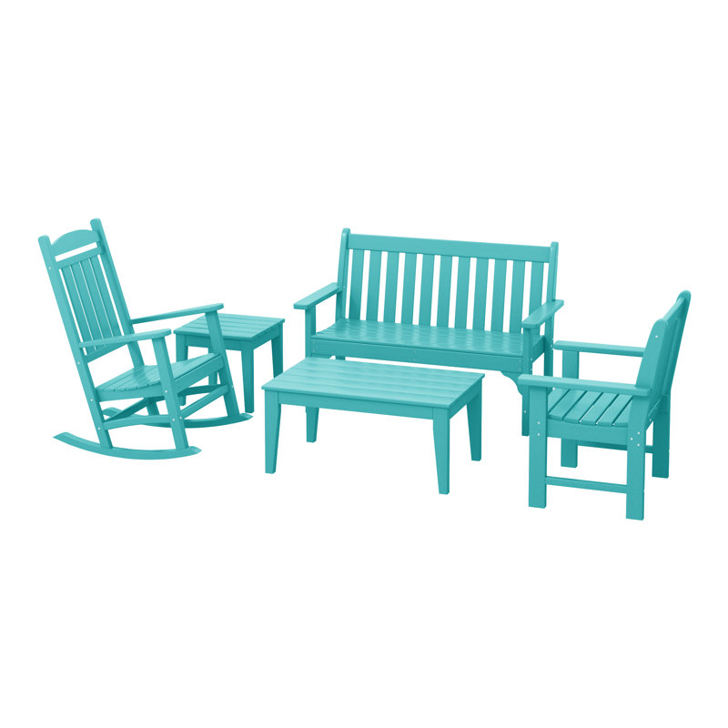 Ensemble 5 pièces de banc et chaise berçante en poly Ayling, Sarcelle