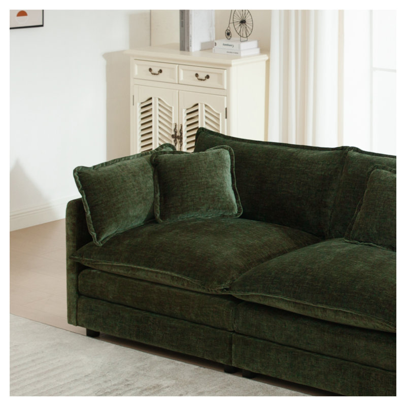 Canapé modulaire en U vert modulaire réversible à 3 places avec repose-pieds et coussins Green Chenille, Chenille rouge