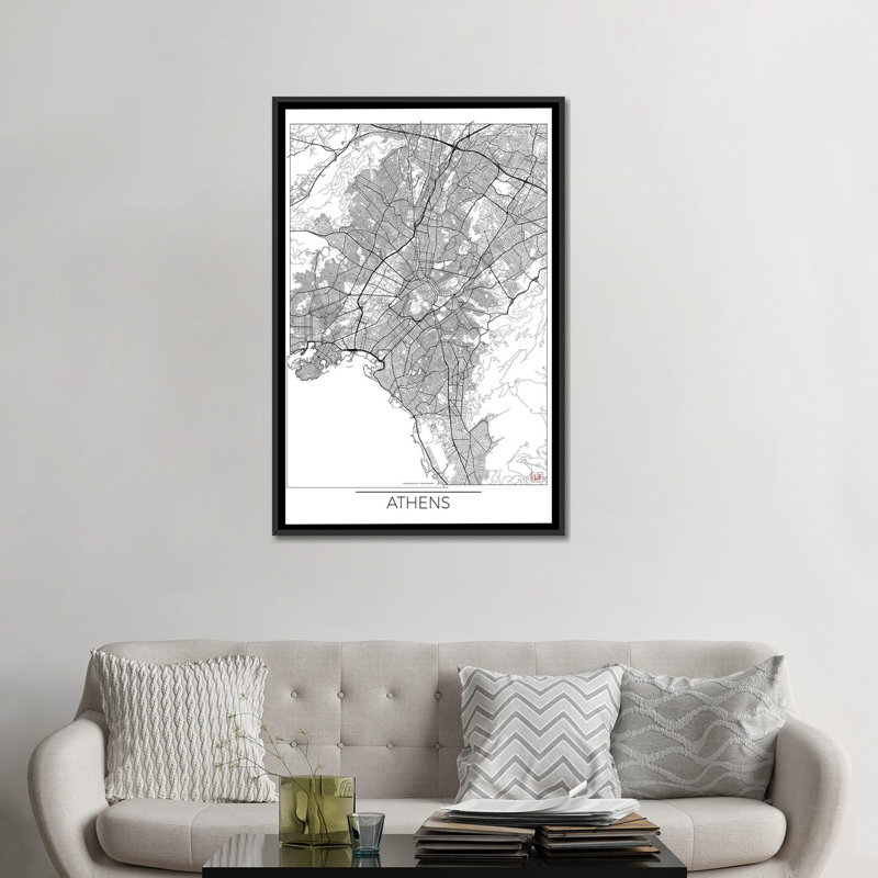 « athènes minimal urban blueprint map », impression sur toile, H 26 po x l 18 po x P 1,5 po, Toile avec cadre noir