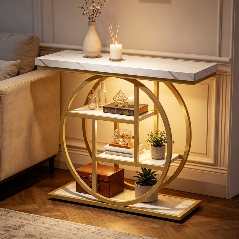 Console industrielle 41,3 po avec rangement à 4 niveaux, base circulaire, canapé d'entrée étroit, décor blanc et or