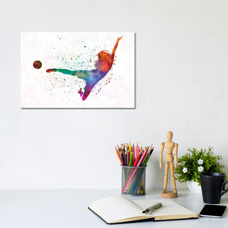 Woman Soccer Player 02 by Paul Rommer - Painting on Canvas, 20.32 cm H x 30.48 cm W, Wrapped Canvas