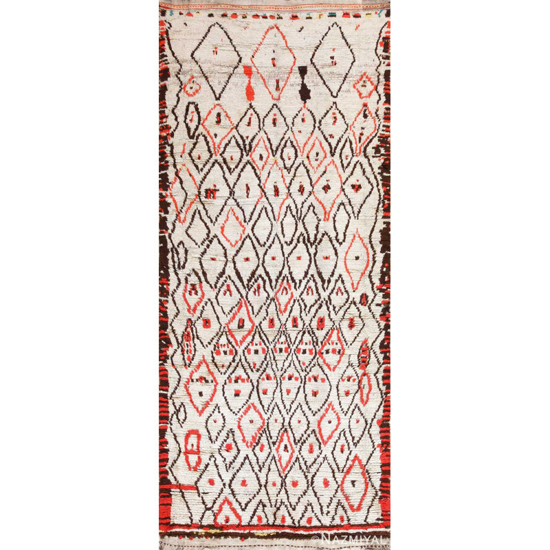 Rare tapis marocain rétro blanc et rouge