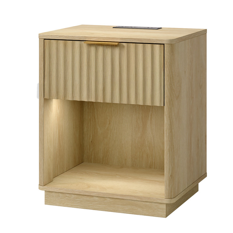Oak Hemmer 1 Drawer Lower Shelf P2 MDF 19 Inches USB Type C RGB Lights Grid, Beige