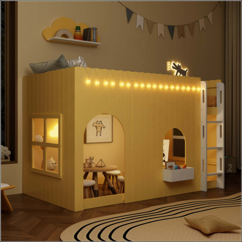 Lit mezzanine pour enfants avec lumière DEL chaude, Twin, Yellow