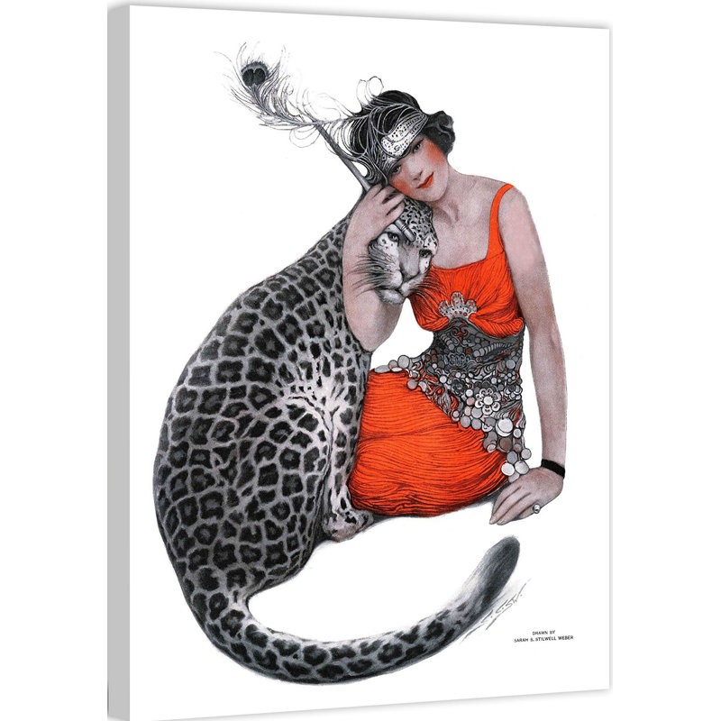 Lady and Leopard Print on Wrapped Canvas, 39" H x 30" W