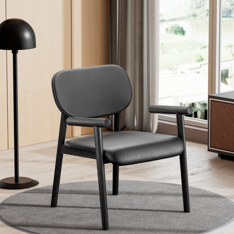 Mid-Century Modern Solid Wood Accent Chair Leather Upholstered Armchair, Black