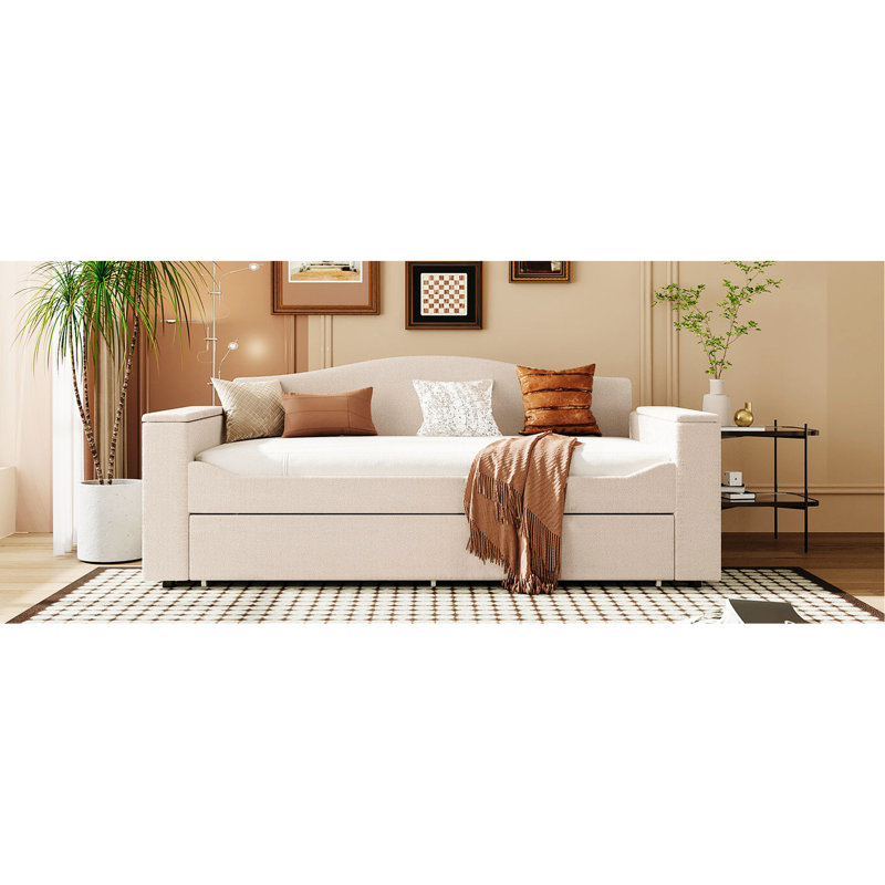 Lit de jour rembourré avec compartiments de rangement et lit gigogne portatif, ensemble de configuration audio, rangement moderne, encastré