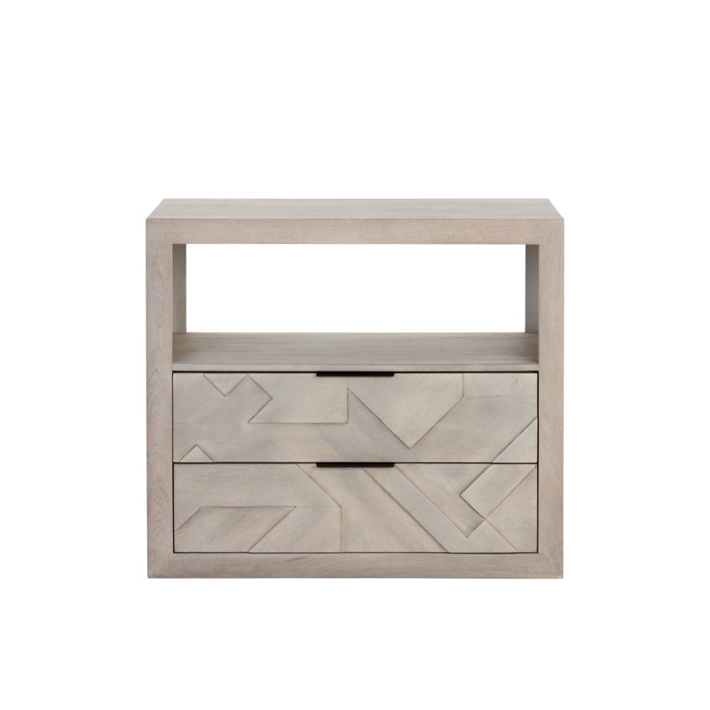 Gray Mango Wood 2-Drawer Nightstand with Open Shelf