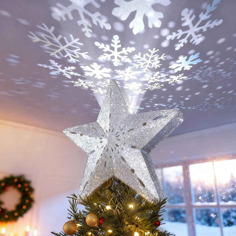 Étoile creuse argentée 3D pour sapin de Noël avec projecteur de flocons de neige rotatif