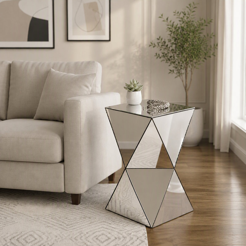 Table d'appoint géométrique argentée avec miroir, table de chevet moderne et luxueuse
