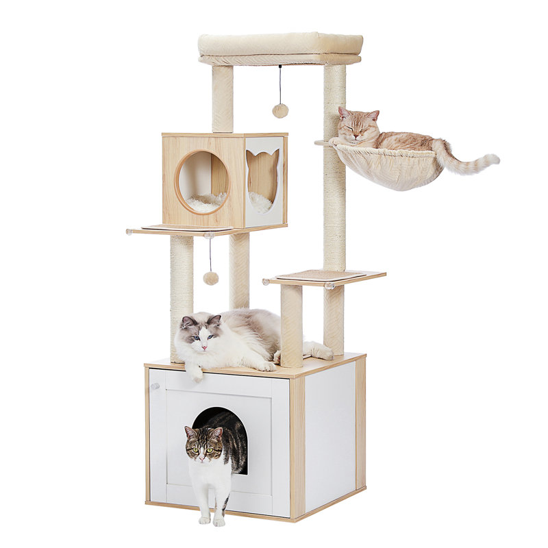 Arbre à chat de 56,7 po avec grand bac à litière, tour à chat en bois pour chats d'intérieur avec armoire de rangement, maisonnette confortable pour chat, poteau à griffes recouvert de sisal et boules suspendues remplaçables