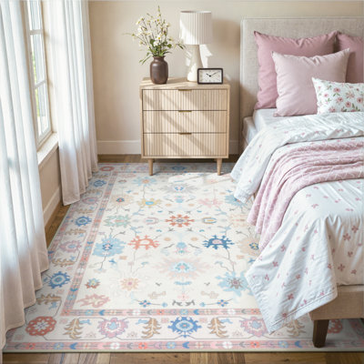  Modern Oushak Washable Rugs, Boho Rug for Living Room, Soft Ultra-Thin Colorful Vintage Floral Rug for Bedroom