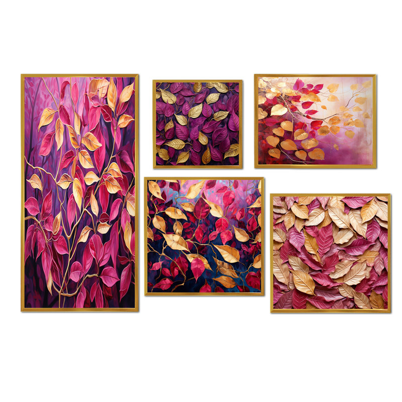 Feuilles dorées et roses avec feuillage - Ensemble de 5 décorations murales feuilles, Cadre flottant doré