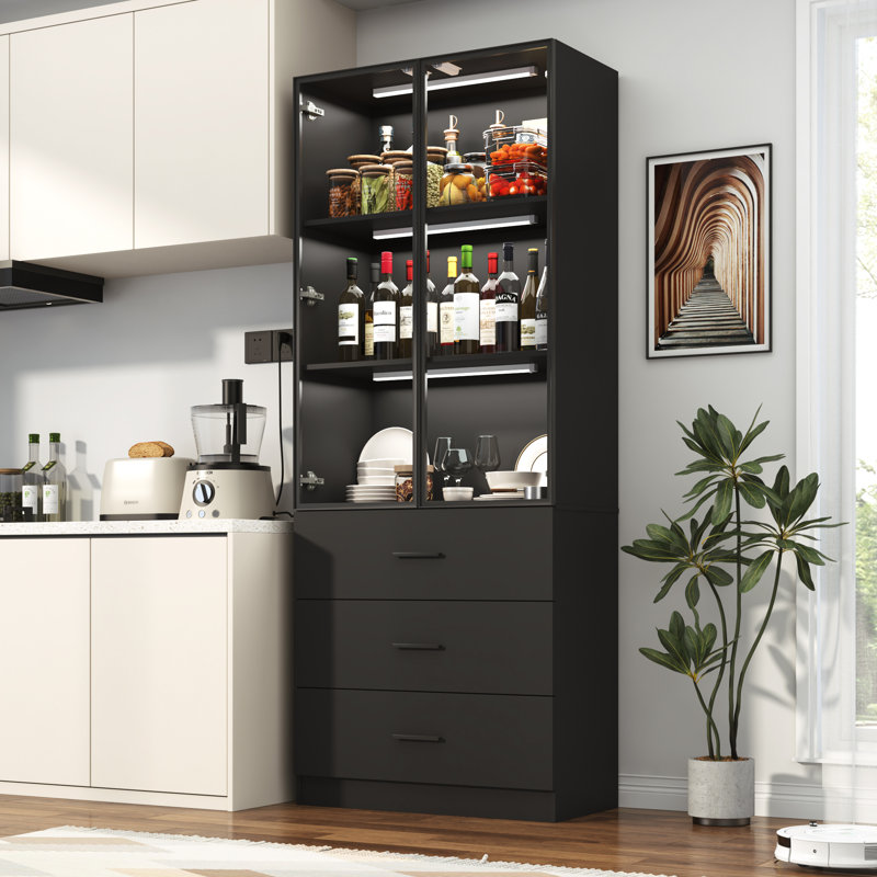 79"H Glass Display Cabinet With Sensor Light And 3 Drawers For Home And Office, Black