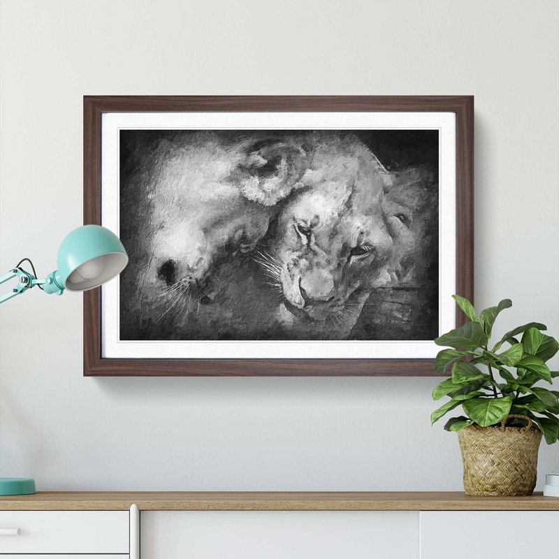 Two Snuggling Lions - Picture Frame Painting Print, 36cm H x 48cm W x 2cm D, Walnut Framed