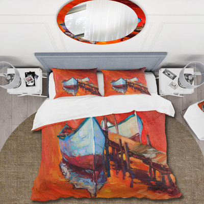 Boats Resting On The Water Near Coastal Town IV - Nautical Duvet Cover Set - Microfiber Polyester