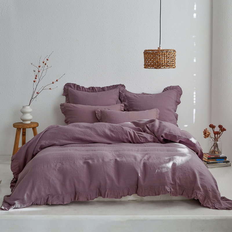 Ensemble de housse de couette en lin à volants, Housse de couette pour grand lit et 2 taies décor, Mauve
