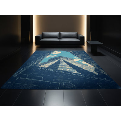 Tapis bleu délavé à la machine à motif de blocs de ruine Tule