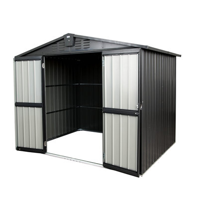 Outdoor Storage Room 8.2'X 6.2', Galvanized Metal. Lockable Door, 318 Cubic Feet. Corrosion, Sloping Roof, 16 Air Vents. For Backyard. Black Metal Shed Steel. Feet Storage. Rust-, Backyard, Patio.