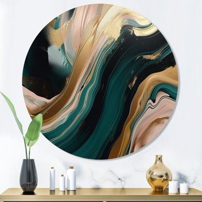 Or et vert marbré Euphoria III - art mural rond en marbre abstrait